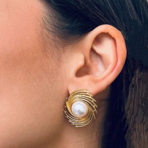 Σκουλαρίκια Ατσάλι Στριφογυριστό Σχέδιο με ΠέρλαA0002