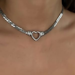Ασημί Ατσάλινο Κολιέ με Κεντρική ΚαρδιάA3267B