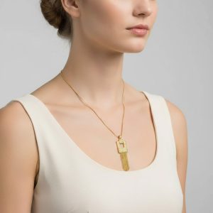 Ατσάλινο Κολιέ με Γεωμετρικό Μενταγιόν και Κρόσσια Χρυσό ΧρώμαA3274A