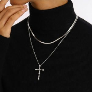 Ατσάλινο Κολιέ με Στρογγυλεμένες Άκρες Σταυρού Ασημί ΧρώμαA3289-1B