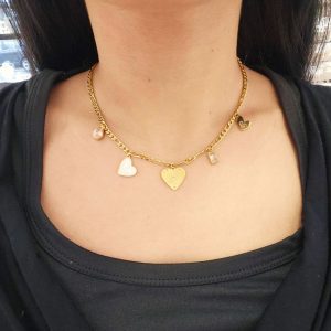 Ατσάλινο Κολιέ Με Κρεμαστές Καρδιές Και Πέτρες ΖιργκόνA33055