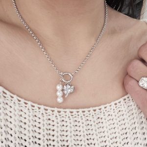 Ατσάλινο Κολιέ Με Λουλούδι Απο Ζιργκόν Μπίλια Και ΠέρλεςA3306-1