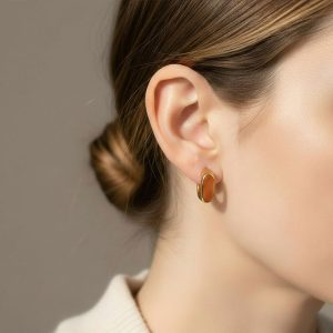 Ατσάλινα Σκουλαρίκια Καρφωτά με Οβάλ Στοιχείο Χρυσό Καραμελέ ΧρώμαA3342O