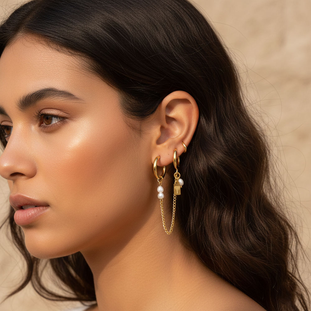 Ατσάλινα Σκουλαρίκια Κρίκοι με Αλυσίδα Πέρλες και Διακοσμητικό Στοιχείο Χρυσό Χρώμα Ατσάλινα Σκουλαρίκια Κρίκοι με Αλυσίδα Πέρλες και Διακοσμητικό Στοιχείο Χρυσό ΧρώμαA3351A