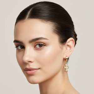 Σκουλαρίκια Ατσάλι Χρυσό Κρίκοι με Κρεμαστό Σταυρό και ΣτραςA3357