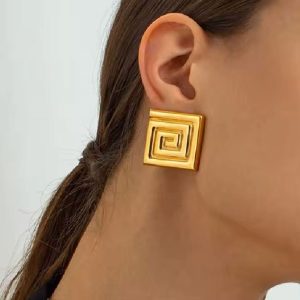 Ατσάλινα Τετράγωνα Σκουλαρίκια Μαίανδρος Stainless Steel Square Meander EarringsA6081