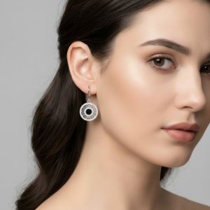 Σκουλαρίκια Ατσάλι Μαίανδρος με Μαύρη Πέτρα Ασημί ΑπόχρωσηA3080