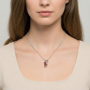 Κολιέ Ατσάλινο με Διπλή Πιπεριά η μία κόκκινη Ασημί ΧρώμαA3202-2B