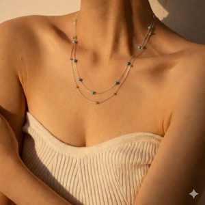 Ατσάλινη Διπλή Κολιέ με Τιρκουάζ Χάντρες Ασημί ΧρώμαA3245B