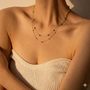 Ατσάλινη Διπλή Κολιέ με Τιρκουάζ Χάντρες Χρυσό ΧρώμαA3245A