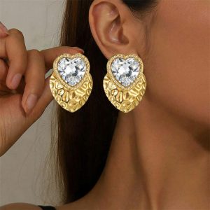 Μεγάλα Ατσάλινα Σκουλαρίκια Διάφανη Καρδιά σε Χρυσό ΣτοιχείοX00538-3