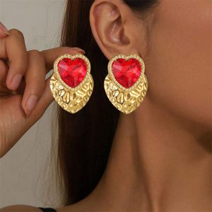 Μεγάλα Ατσάλινα Σκουλαρίκια Κόκκινη Καρδιά σε Χρυσό ΣτοιχείοX00538-1